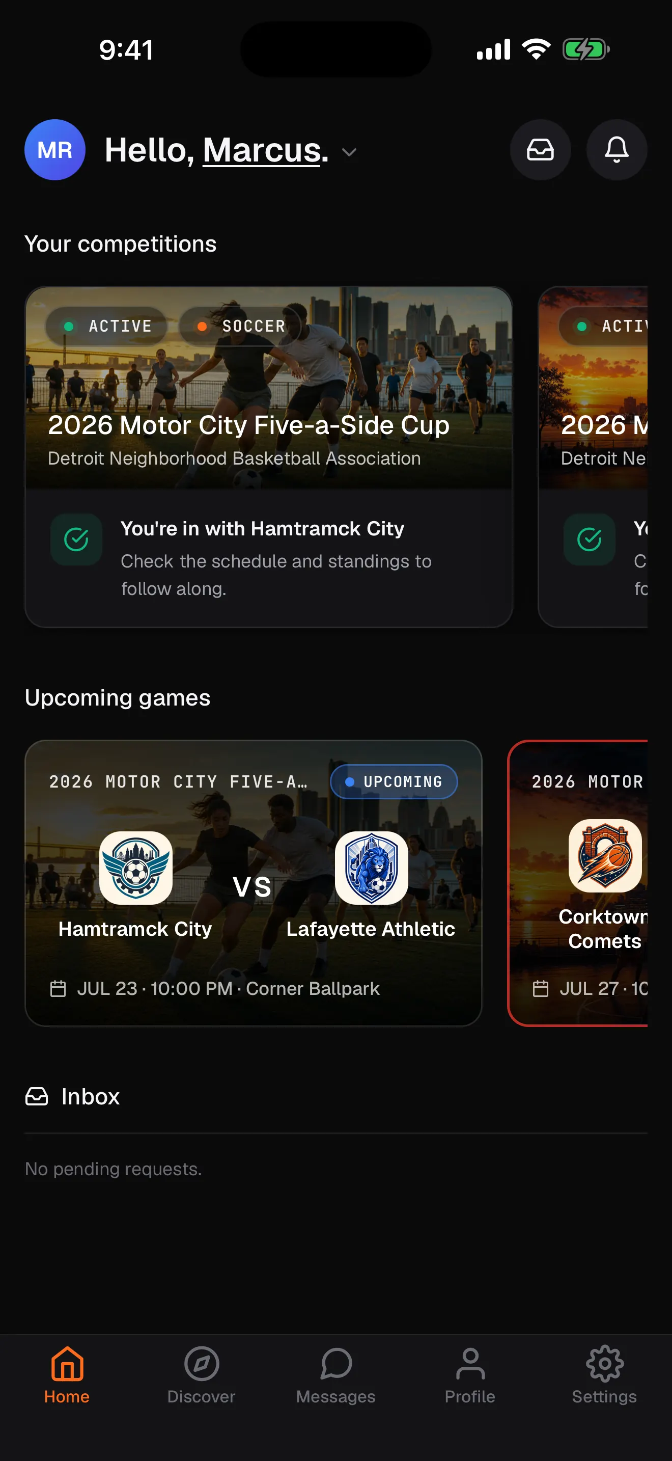 RecTrack player home screen with competitions and upcoming games