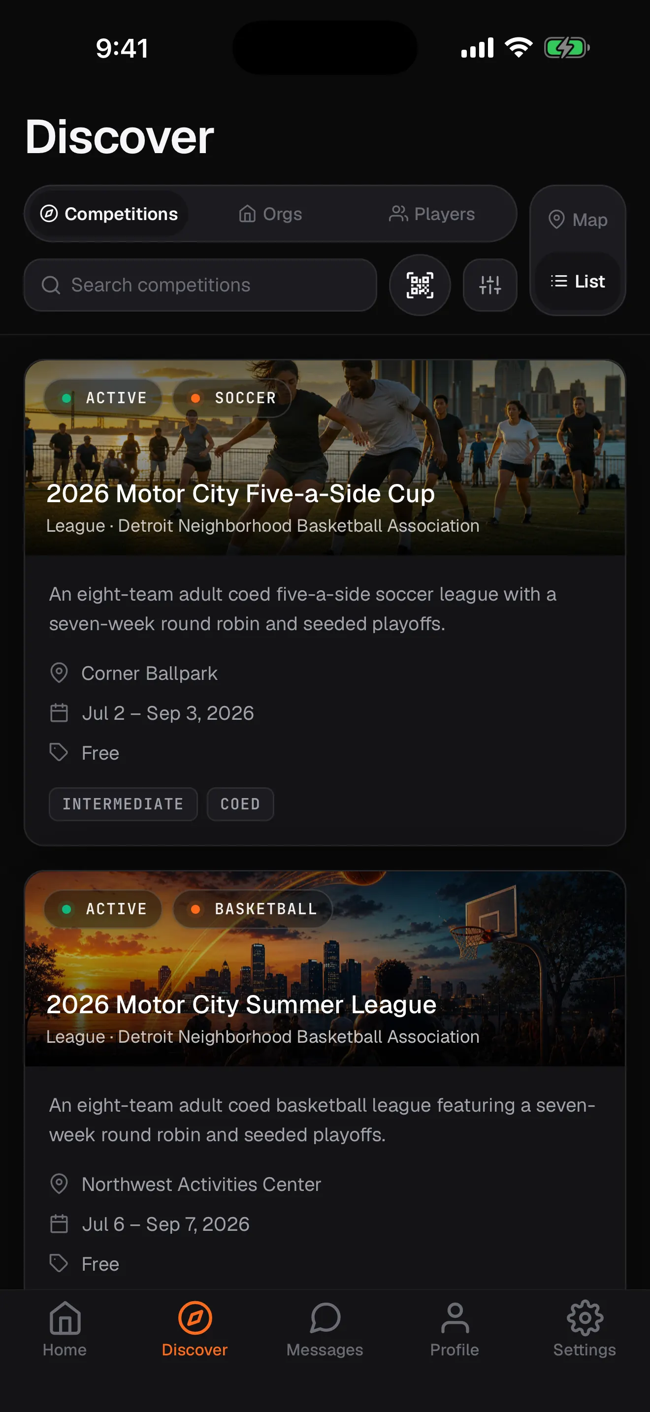 Discover nearby leagues in the RecTrack app