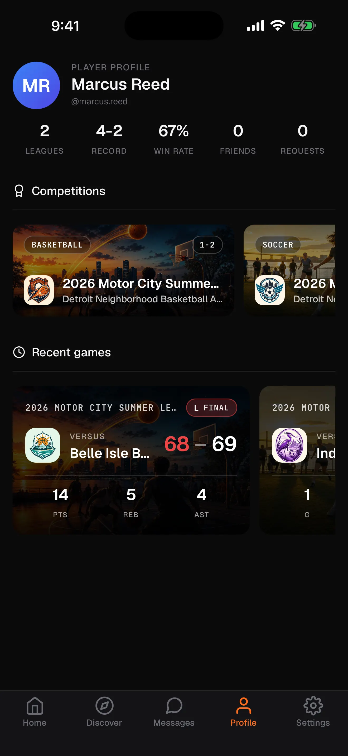 Player profile in the RecTrack app