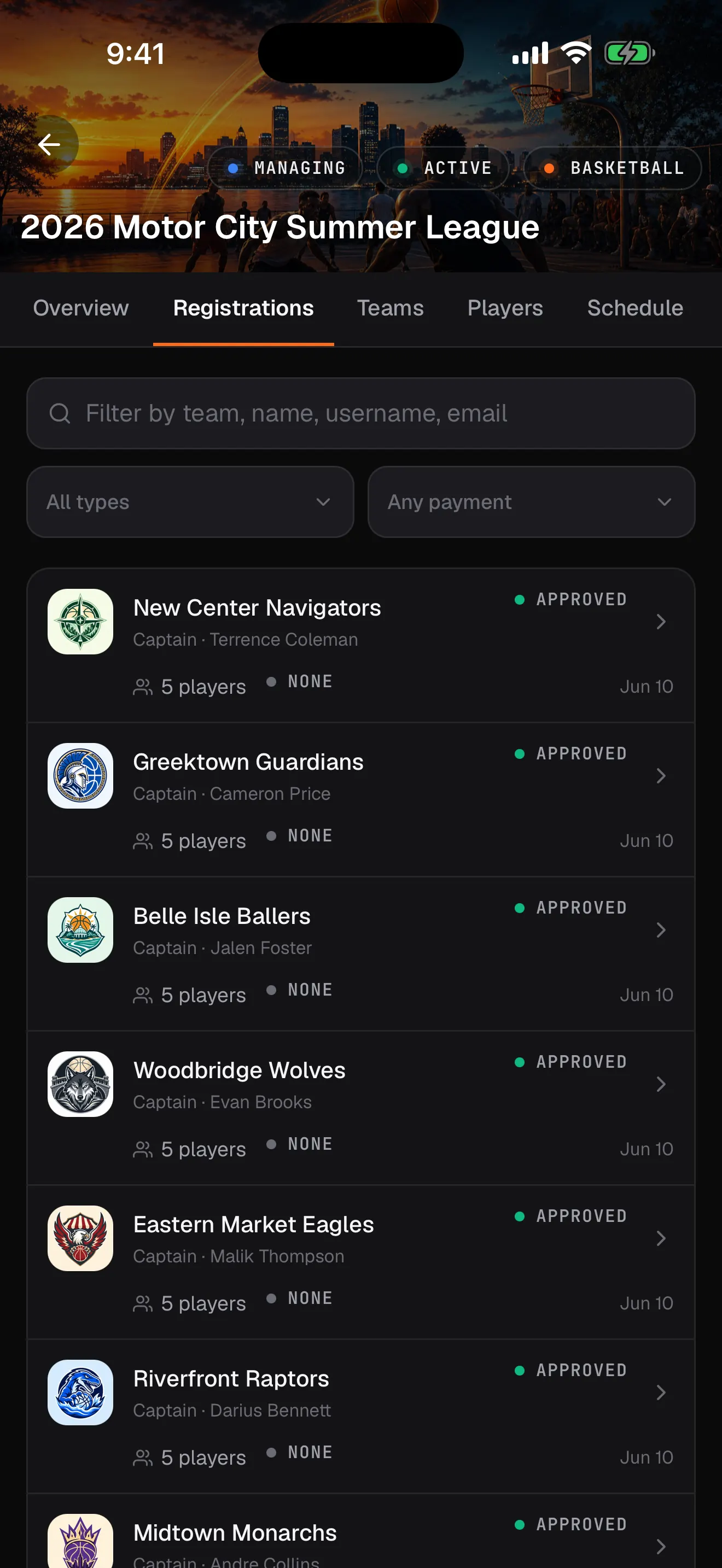 Organizer registrations screen in the RecTrack app